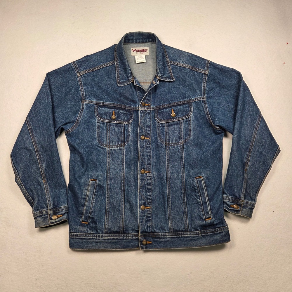 Vintage‎ 90's Wrangler Rugged Wear Denim Jacket Mens L Blue Cotton Trucker Coat